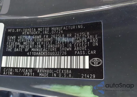 2025 Toyota Camry Xse/Xle/Le/Se z USA, uszkodzony, nr VIN 4T1DAACK5SU032726